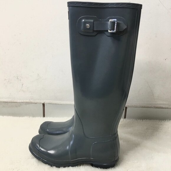 Hunter Women's Gray Glossy Tall Rain Boots Size 8 / 39 EU - Picture 2 of 16